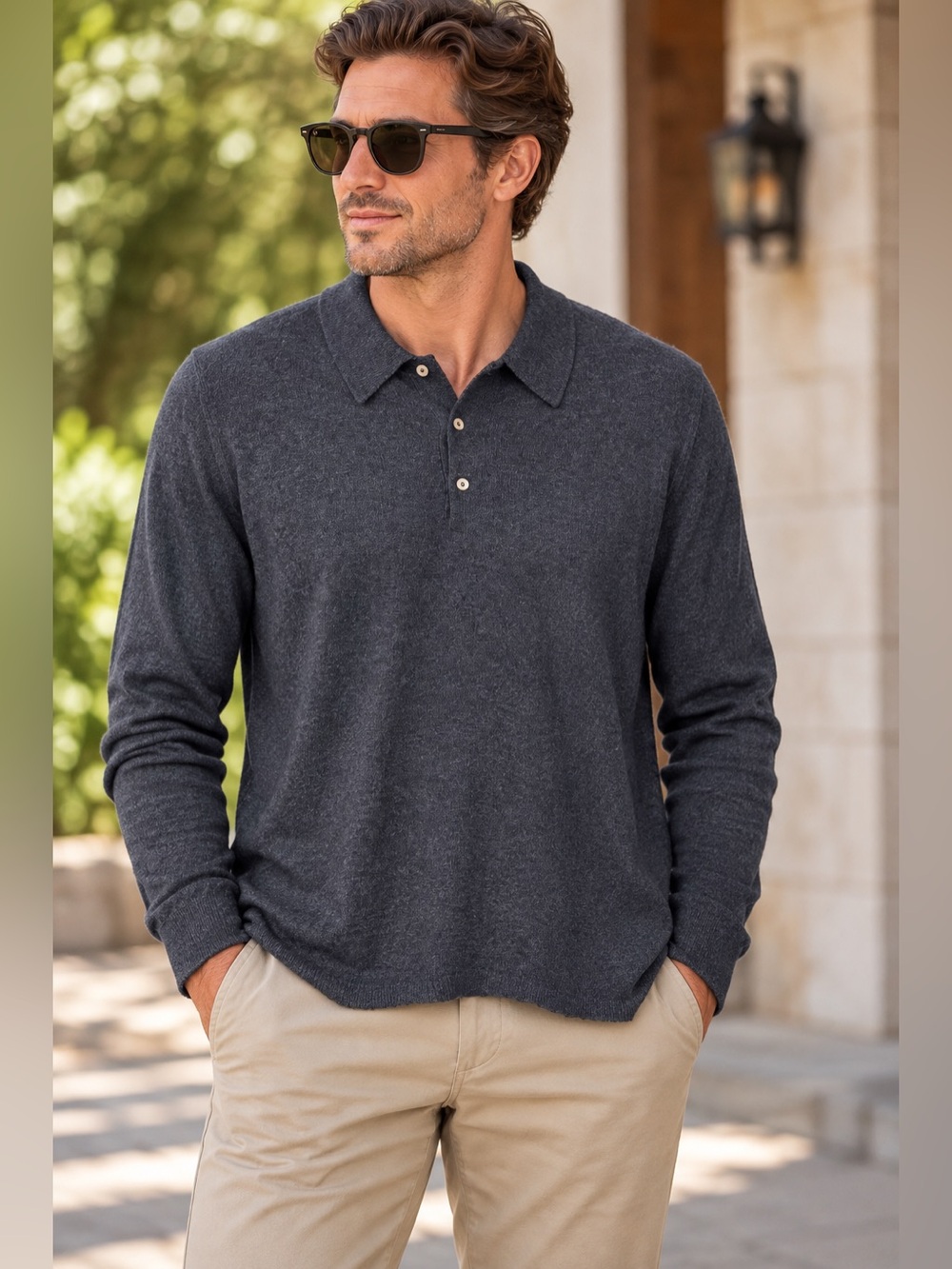 August Silk Men XL 85% Silk 15% Cashmere Polo Sweater Gray